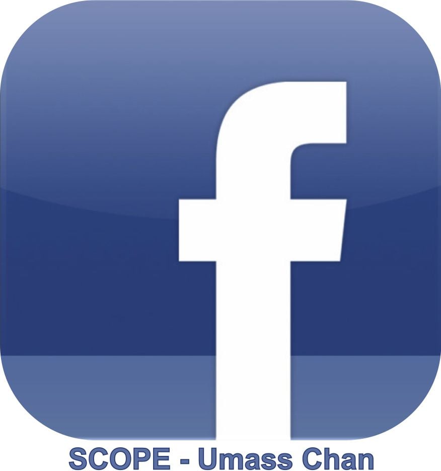 facebook logo with our page name "SCOPE - UMass Chan"