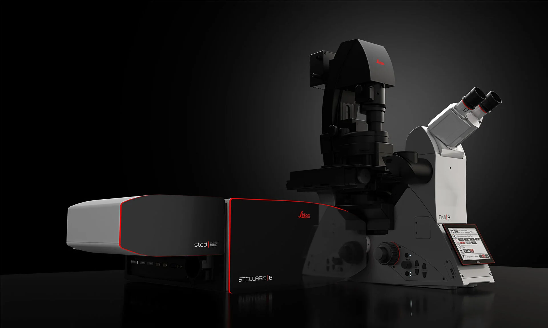 Commerical image of the Leica Stellaris STED instrument. Shows instrument body on the black background with moody side lighting