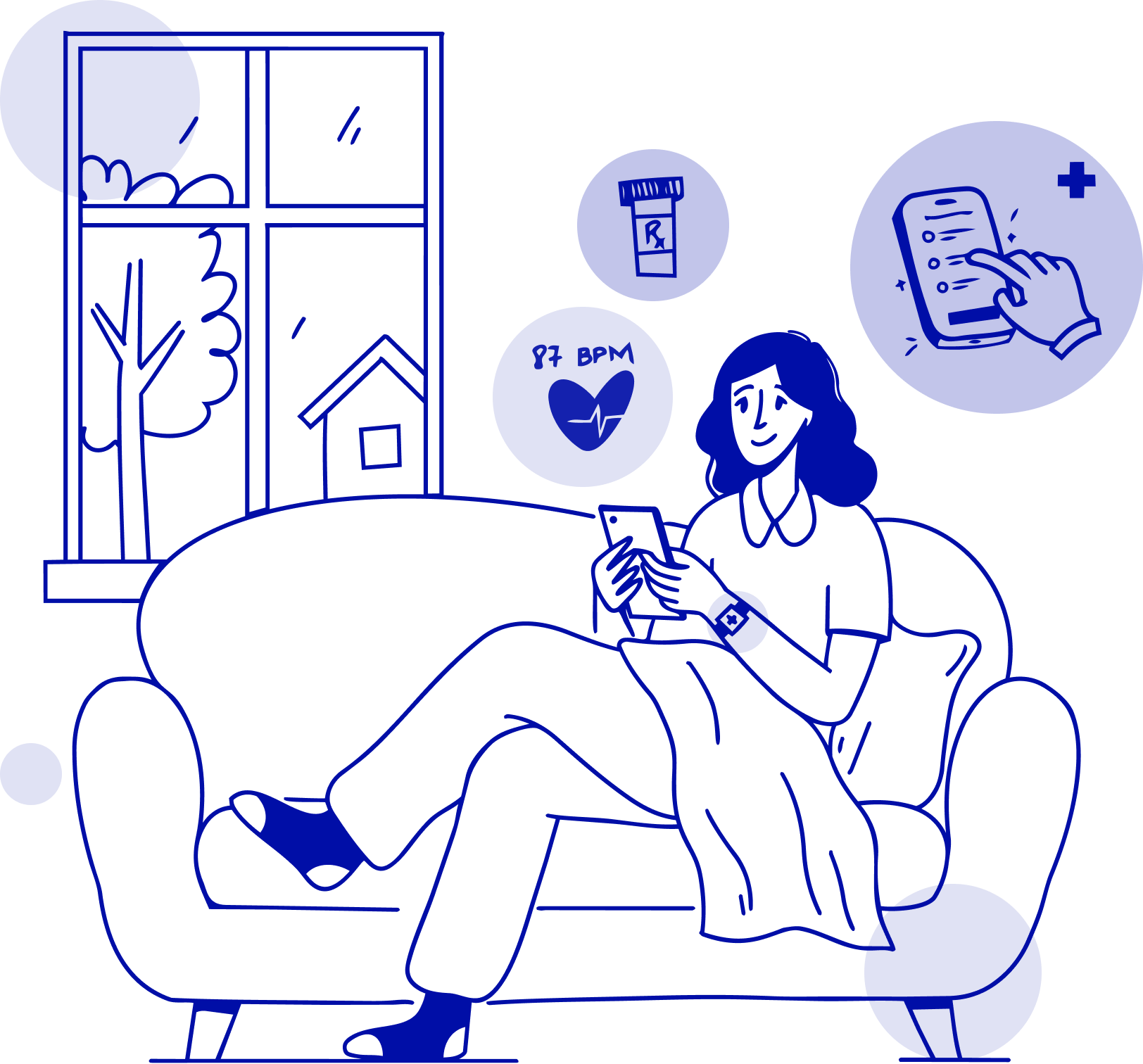 Person sitting on a couch at home using a smartphone and smartwatch, with floating icons showing a heart rate of 87 BPM, a prescription medication bottle, and a mobile health checklist app representing remote health monitoring.
