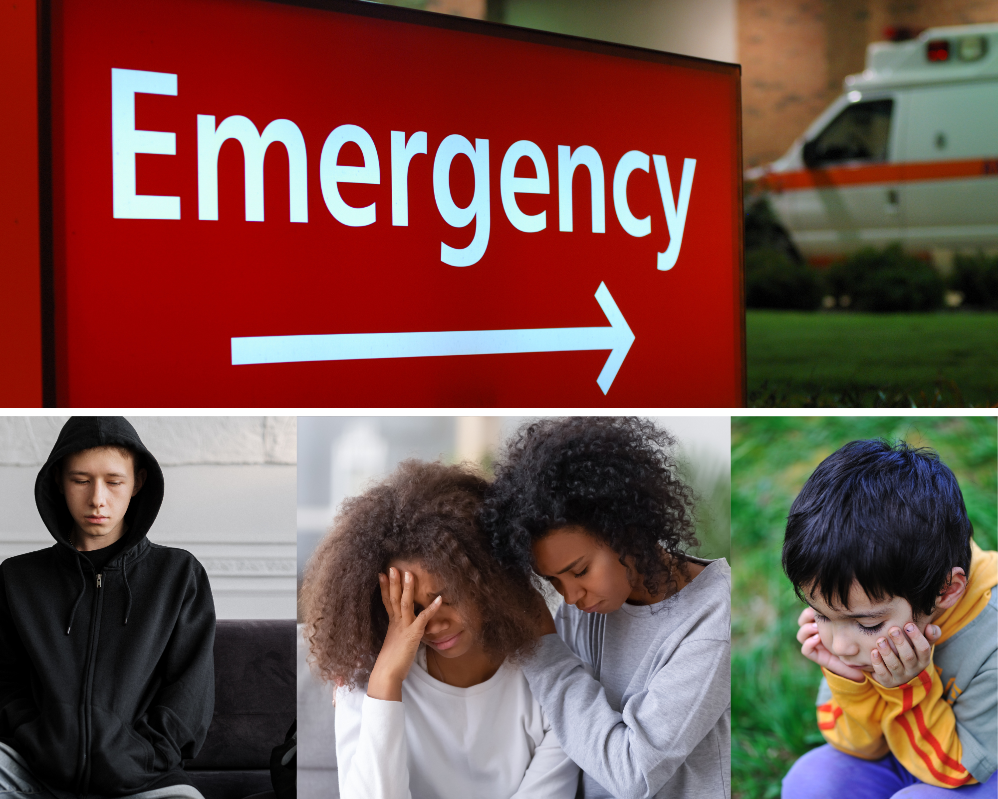 ER sign with ambulance in the background. Sad teen boy sitting on couch. Black mom and daughter sad and hugging. Young Asian boy sad