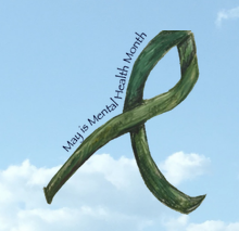 green ribbon against a blue sky with text may is mental health month