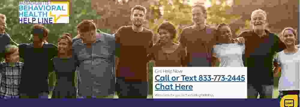 diverse people of all ages arm and arm. text box reads get help now call or text 833-773-2445