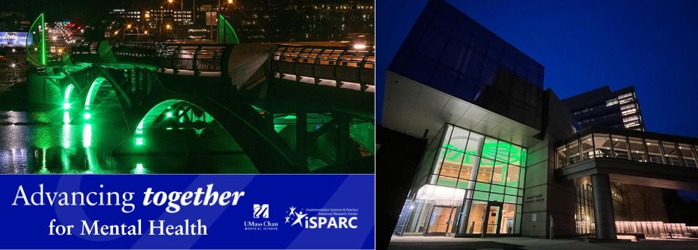 UMass Sherman Building lobby lit green. Burns Bridge in Worcester lit green