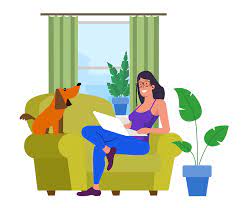 cartoon of black woman on couch with laptop and dog