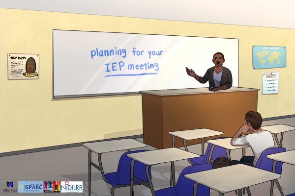 Comic black teacher standing in in classroom in front of a dry erase board with brown student sitting at a desk facing her the words Planning for your IEP meeting are on the board