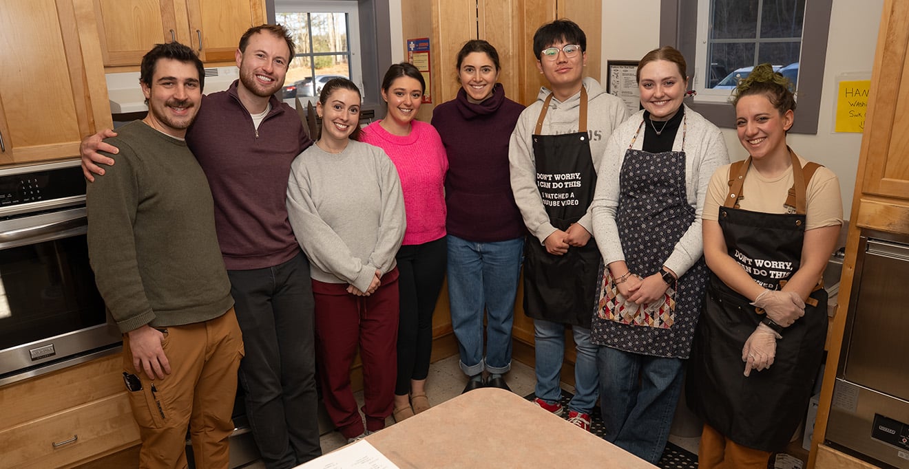 From left to right, medical students Matthew Segil and Logan Thornton; UMass Memorial clinical dietitians Hannah Cavaretta and Emily Sharron; and medical students Sophie Lewis, Madeleine Schwede, KeeSeok Lee and Lindsay Korsen