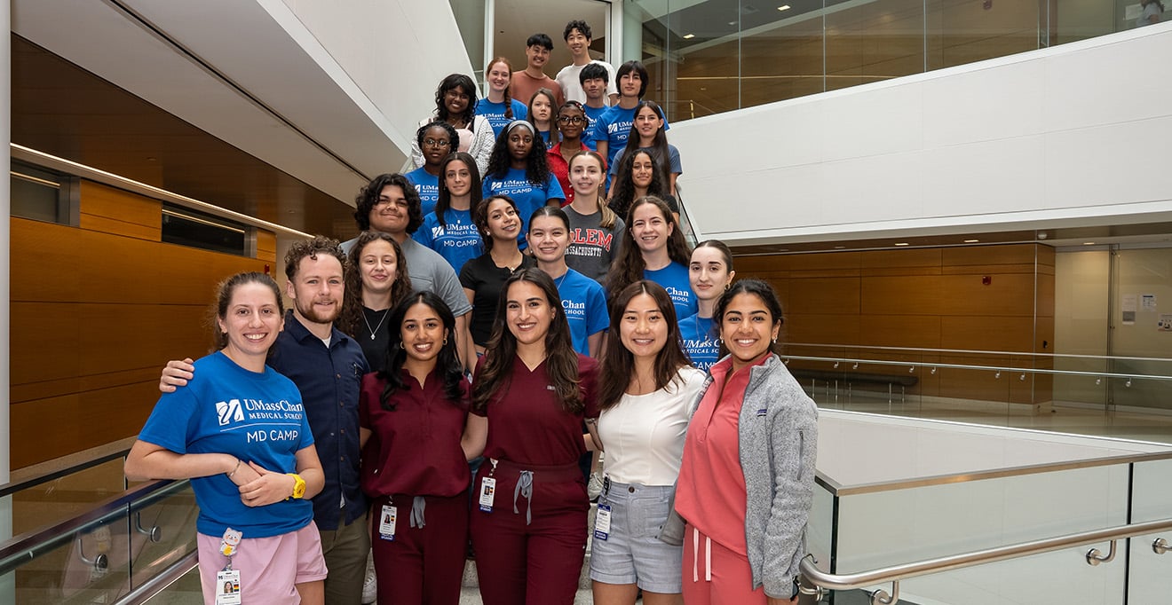 The 2026 MD CAMP high school students and UMass Chan medical students (bottom row left to right) Sydney Warshaw, Ellis Barrera, Ananya Das, Pamela Kote, Grace Zhou and Nikita Murli; and (top row left to right) Sho Kirihara and Carter Liou
