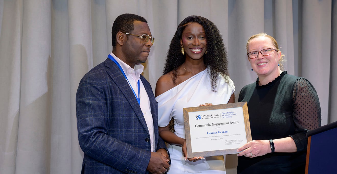 Lawreta Kankam, president and founder of a nonprofit dedicated to eliminating barriers to education for students in Ghana and in Worcester, received the Community Engagement Award. The nursing student is pictured with Akwasi A. Duah, PhD&rsquo;17, RN, and Amanda Cornine, PhD&rsquo;21, RN, CNE.