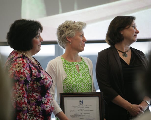 Suzanne T. Sullivan Scholarship winner Elizabeth Terhune (center) is pictured with Sullivan family representatives Judy Lengieza, MS, and Susan Zangarine, MS.