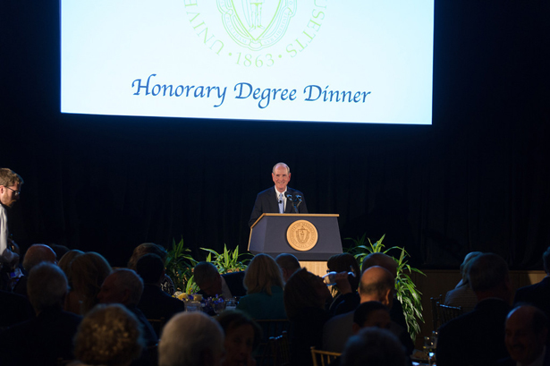 Chancellor Michael F. Collins welcomes guests to the Honorary Degree Dinner.
