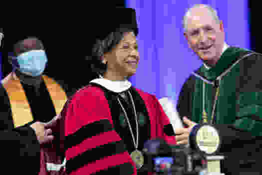 Paula A. Johnson, MD, MBA, president of Wellesley College, receives an honorary degree.