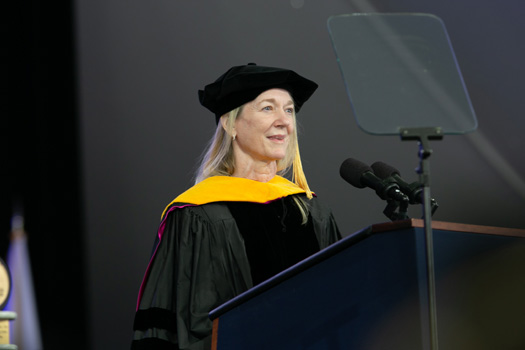 Cornelia “Cori” Bargmann, PhD, the president of science for the Chan Zuckerberg Initiative, gives the commencement address.
