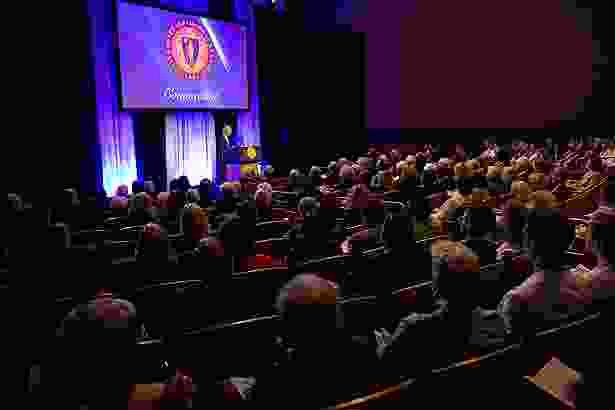 Chancellor Michael Collins gives his Convocation 2018 address to the audience in the Albert Sherman Center auditorium.