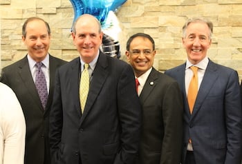 (left to right) Baystate Health President and CEO Mark A. Keroack, MD, MPH; UMMS Chancellor Michael F. Collins, MD; UMass Amherst Chancellor Kumble R. Subbaswamy; and Congressman Richard Neal 