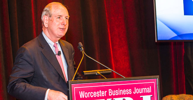 Chancellor Michael F. Collins at the Worcester Business Journal Economic Forecast Forum on Thursday, Feb. 16.