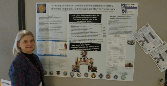 Janet Hale, PhD, is pictured in front of the award-winning veterans health poster she and Linda Cragin, MS, presented at the National Organization of Nurse Practitioners Faculties annual meeting.