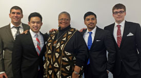 Members of the 2013-14 Health Science Preparation Program with program director Deborah Harmon Hines, PhD, are, from left, Charles Nessralla, Jonathan Quang, Steven Em and Brandon Smith.