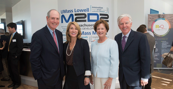 (from left) UMMS Chancellor Collins, Lt. Gov. Karyn Polito, UMass Lowell Chancellor Jacquie Moloney and UMass President Marty Meehan attended a ribbon cutting for the expanded M2D2 and new Innovation Hub incubators.