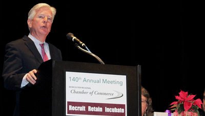 UMass President Marty Meehan addresses the Worcester Chamber of Commerce at their annual meeting on Friday, Dec. 11, 2015.