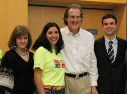 2.	Comedian Anna Drezen and Science Café Woo founder Ana-Louisa Maldonado-Contreras pose for a photo with Craig Mello and “You’re the Expert” host Chris Duffy after a taping of the show Jan. 15 at the EcoTarium in Worcester.