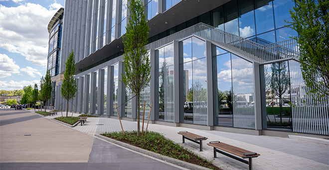 Outside of the new education and research building showing the monumental staircase