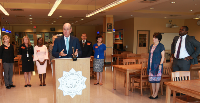 Chancellor Michael F. Collins announces the awarding of $38,000 in classroom enrichment mini-grants for the Worcester Public Schools North Quadrant at North High School on Monday, Sept. 17.