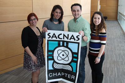 Pictured from left are Teresita Padilla-Benavides, PhD; Raziel Rojas-Rodríguez; Daniel Hidalgo, MA; and Aurian Garcia-Gonzalez, founding members of the new UMMS chapter of SACNAS. 