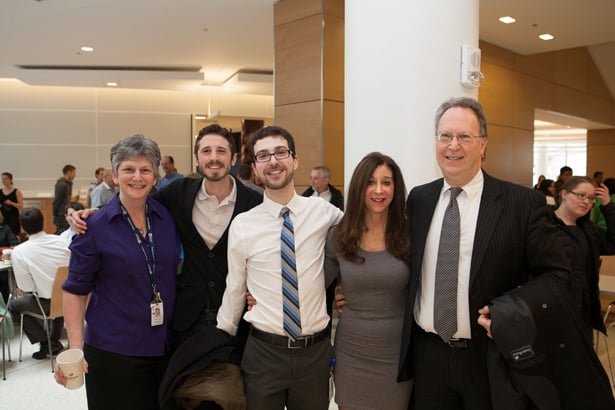 Seth Levin (center) celebrates matching in medicine at Boston’s Brigham & Women’s Hospital with (from left) mentor Joy Rosenfeld, MD, fiancé Max Kaplan and parents Bernice and Mark Levin.