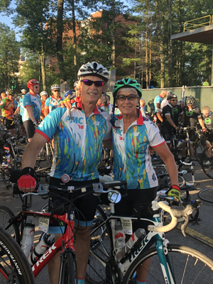 Joel Gore and Deborah DeMarco at the Wellesley starting line of the Pan Mass Challenge on Aug. 4.