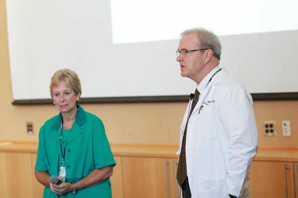 GSN Dean Joan Vitello, PhD, and SOM Dean Terence R. Flotte, MD, speak to the new class of medical students.