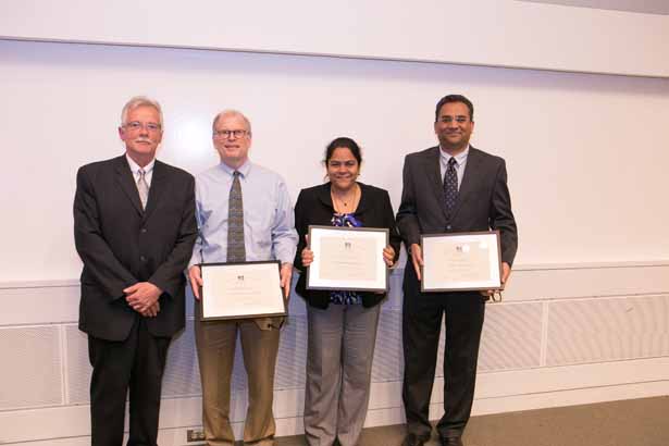 (from left) Dean Carruthers; Lawrence Hayward, MD, PhD; Pranoti Mandrekar, PhD; Chinmay Trivedi, MD, PhD