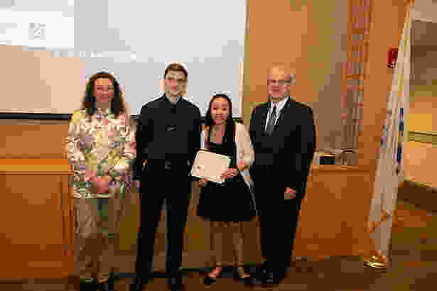 (from left) Dr. Haley, MLK Semester of Service Award winners Thomas Kania, SOM ’23 and Cindy Le, SOM ’23, and Dean Flotte