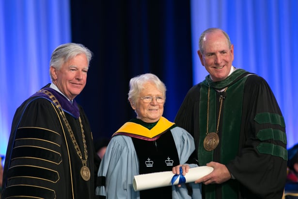 President Meehan and Chancellor Collins with honorary degree recipient Patricia K. Donahoe, MD.
