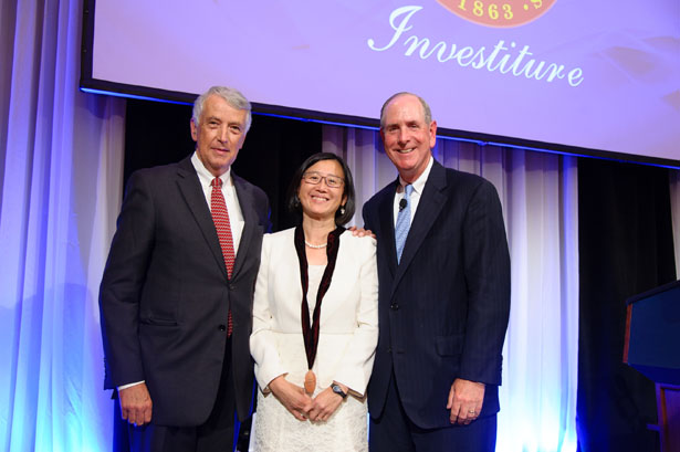 Mary M. Lee, MD, is invested as the Stoddard Chair of Pediatrics by Warner Fletcher of the Stoddard Charitable Trust and Chancellor Collins.
