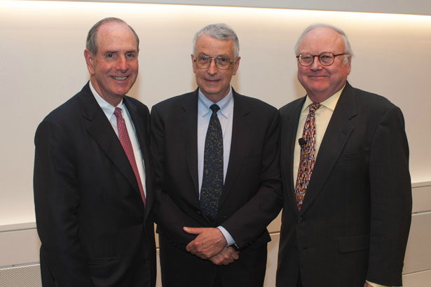Chancellor Michael F. Collins (left) and professor of biochemistry & molecular pharmacology Thoru Pederson (right) were among those honoring Warner Fletcher at the annual meeting of the Hudson Hoagland Society.