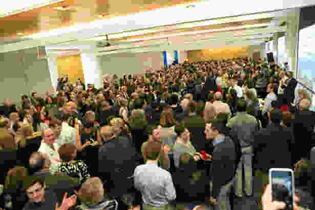The crowd of fourth-year medical students and well wishers assembles for Match Day 2015 at UMass Medical School.