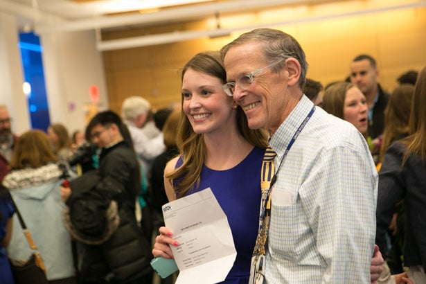 Lauren Veit, soon to be a pediatrician at Children’s Hospital Boston, is congratulated by Professor of Pediatrics Jerry Durbin, MD.