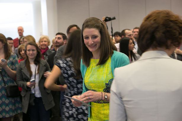 Future family medicine physician Anne Barnard takes her envelope on Match Day 2015 at UMass Chan Medical School. 