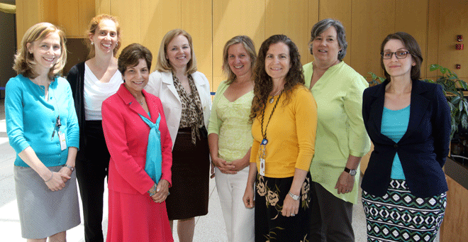 Women’s Faculty Committee co-chairs Ann Salerno, MD, (far left) and Molly Waring, PhD, (far right) presented the 2015 Women’s Faculty Award to (from second left) Sarah Cutrona, MD; Marianne Felice, MD; Heather Forkey, MD; Patricia McQuilkin, MD; Melissa Fischer, MD; and Melissa Moore, PhD. 