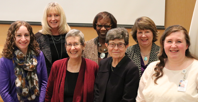 (from left) Women’s History Month Committee chair Mara Meyer Epstein, ScD; Luanne Thorndyke, MD, vice provost for faculty affairs; Women’s Faculty Committee co-chair Jill Zitzewitz, PhD; Deborah Plummer, PhD, vice chancellor for diversity and inclusion;  keynote speaker Ellen More, PhD; and Women’s Professional Committee co-chairs Patricia Levenson and Justine Ashley.