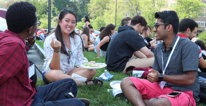 New first-year medical students (from left) Rodney Bruno, Amberly Diep and Sahil Shah gathered with classmates at the School of Medicine Class of 2022 welcome barbeque on Aug. 6. 