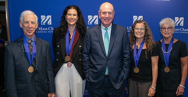 The 2022 Chancellor’s medal recipients with Chancellor Collins. Left to right are Ira Ockene, MD; Marian Walhout, PhD; Collins; Melissa Fischer, MD; and Deborah DeMarco, MD.