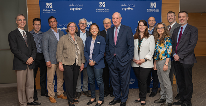 Massachusetts Secretary of Economic Development Yvonne Hao announced a $555,000 grant from the Massachusetts Technology Collaborative to UMass Chan on April 10, to be matched with $137,000 private investment, for the establishment of the Health AI Assurance Laboratory, in partnership with MITRE and the Coalition for Health AI. Pictured at the announcement, from left to right: Francis Campion, MITRE; Ozgur Eris, MITRE; Brian Anderson, CHAI; Carolyn Kirk, MassTech; Patrick Larkin, MassTech; Secretary Yvonne Hao; Terence R. Flotte, UMass Chan; Michael F. Collins, UMass Chan; Senator Robyn Kennedy; Doug Robbins, MITRE; Melissa Fischer, UMass Chan; Miles Thompson, MITRE; David McManus, UMass Chan.