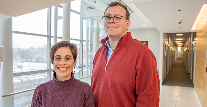 Ana Rita Batista, PhD, (left) instructor in neurology, pictured with Miguel Sena-Esteves, PhD, associate professor of neurology and director of the Translational Institute for Molecular Therapeutics..