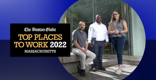 Graphic with photo announcing UMass Chan among Boston Globe's Best Places to Work 2022