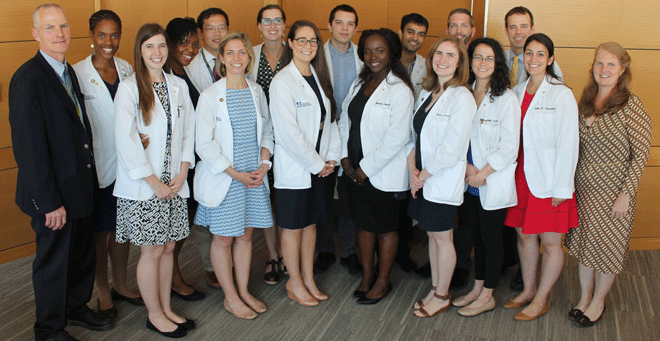 Twenty School of Medicine students were inducted into the UMMS chapter of the Gold Humanism Honor Society on June 2, 2016
