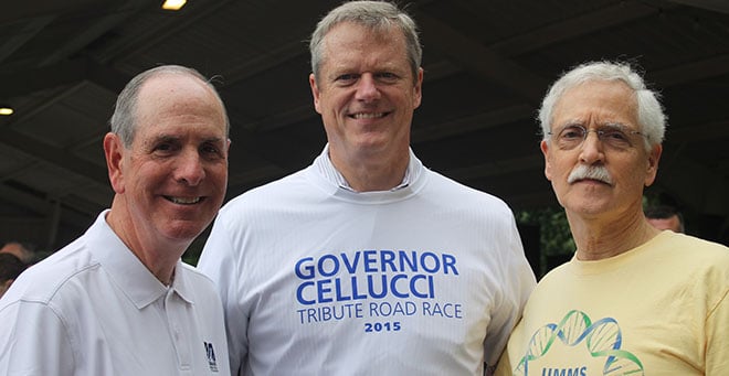 Chancellor Michael F. Collins, Gov. Charlie Baker and Robert H. Brown, Jr., DPhil, MD, attend the 2nd Annual Governor Cellucci Tribute Road Race to support ALS research at UMass Medical School.