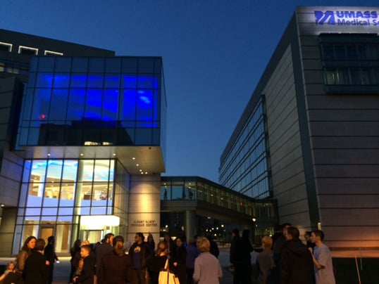 The Cube in the Albert Sherman Center glows blue in recognition of Autism Awareness Month in 2014. (Photo courtesy of Yael Dvir, MD)