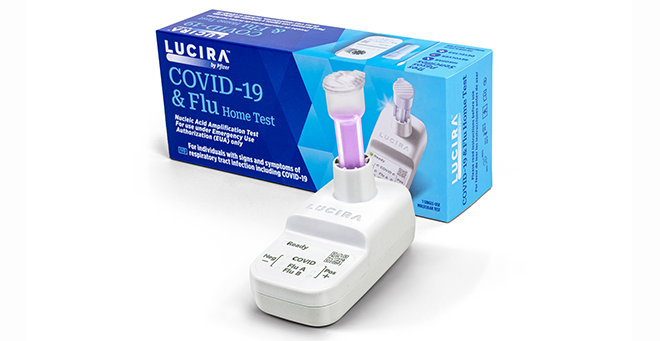The expanded Home Test to Treat program includes the LUCIRA by Pfizer COVID-19 & Flu (A/B) Test, a molecular test that checks for viral RNA. It is different from the at-home rapid antigen tests most people are familiar with and is the first and only such technology that can detect both viruses in a single test at home.