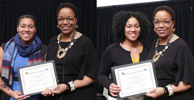 Asia Matthew-Onabanjo (in left photo) and Ashley Matthew (in right photo) accept their Ruth and William Silen, MD awards from Joan Reed, MD, MPH, MS, MBA, professor of medicine and dean for diversity and community partnership at Harvard Medical School.